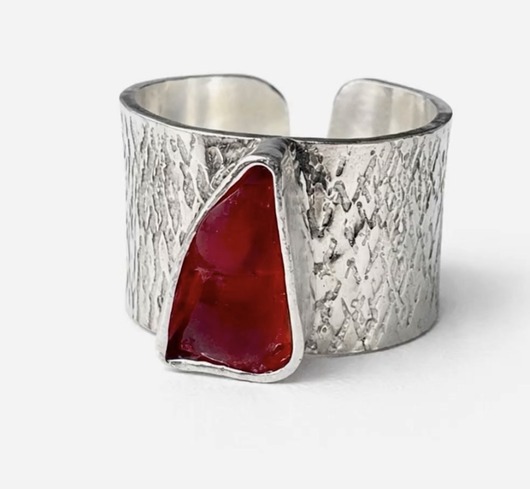 obrączki 1,1cm Obrączka młotkowana ręcznie robiona ze szkłem morskim