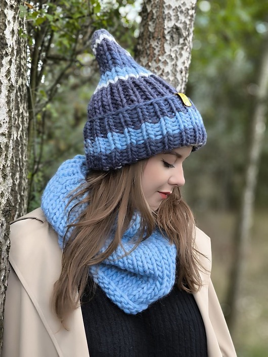 czapki i kapelusze męskie Niebieska wełniana czapka WOOLY COLOR "13" w paseczki