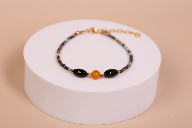 bransoletki - inne Bransoletka Onyks i Turmalin i Bursztyn bałtycki