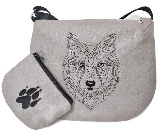 torby na ramię Szara listonoszka z wilkiem,  torebka z wilkiem , portfelik łapa