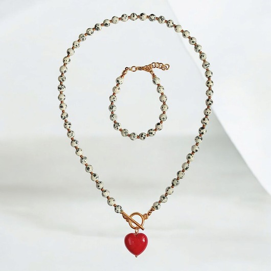 komplet biżuterii RAZEM TANIEJ : jaspis dalmatyński i serce : CZERWIEŃ : komplet