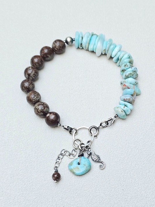 bransoletki srebrne Bransoletka Larimar z Brązem