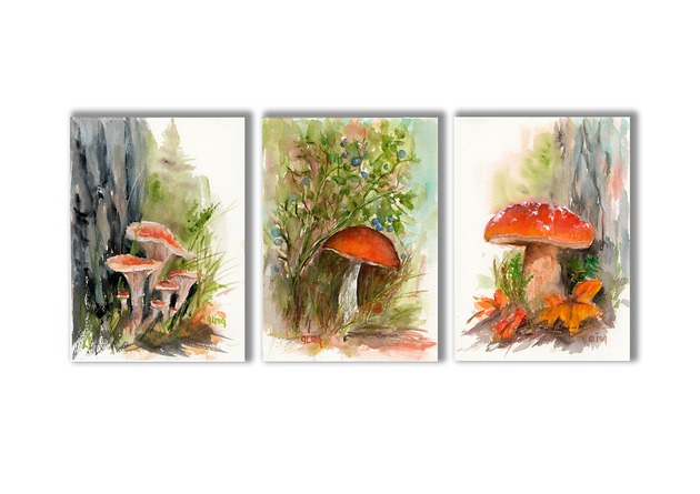 grafiki i ilustracje Akwarele ręcznie malowane "Grzybki" zestaw 3szt
