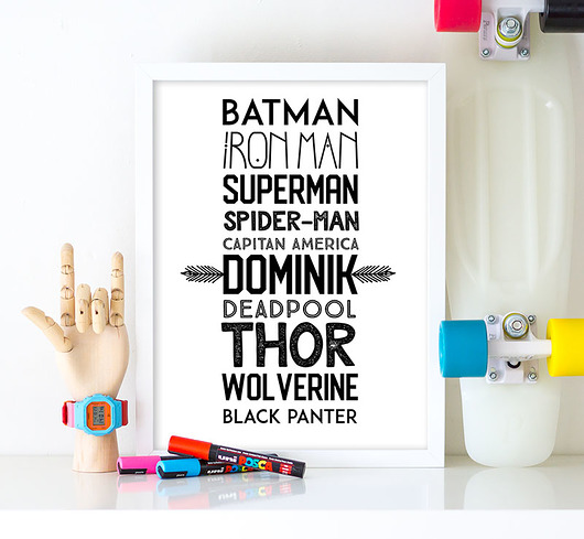 Plakat z imionami superbohaterów personalizowany Bajkowe Obrazki
