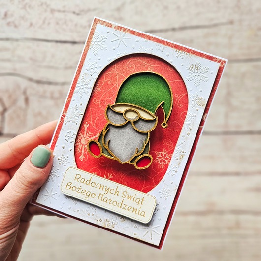 kartki świąteczne Kartka bożonarodzeniowa z gnomem na sprężynie
