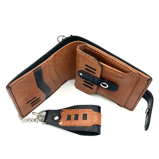 portfele damskie Czarno-brązowy portfel skórzany zabezpieczony łańcuszkiem do paska.