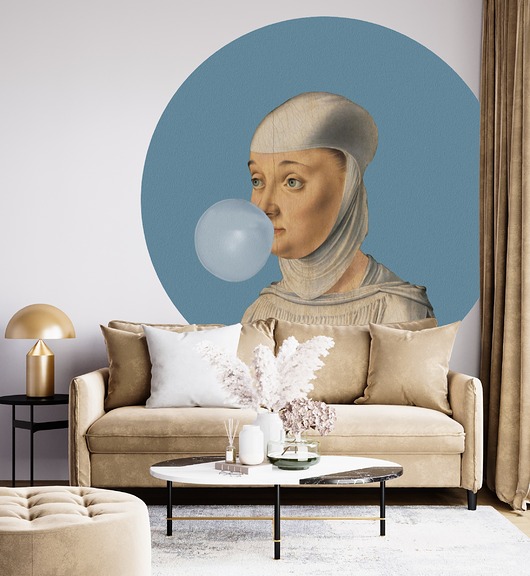 tapety i naklejki ścienne Mural DOTS  Kobieta z Gumą Balonową NIEBIESKI- okrągła dekoracja ścienna