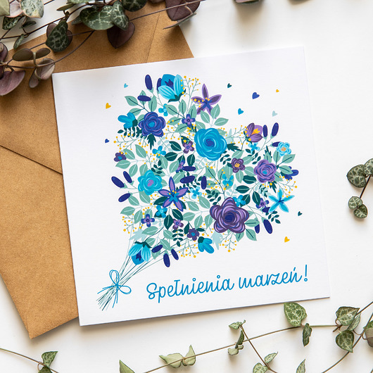 kartki okolicznościowe - wydruki Kartka bukiet serce "Spełnienia marzeń!"