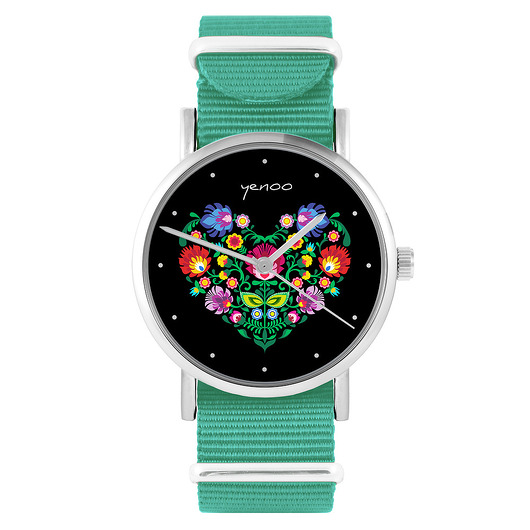 zegarki damskie Zegarek - Serce folk czarne - turkusowy, nylonowy