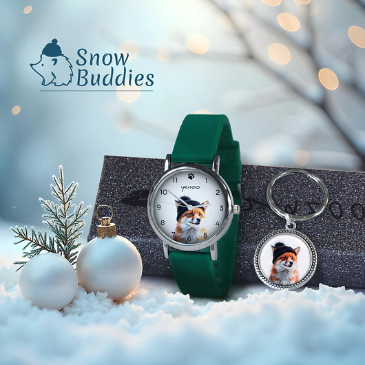 zegarki damskie Zestaw prezentowy - Lisek - zegarek i brelok - silikonowy, zielony