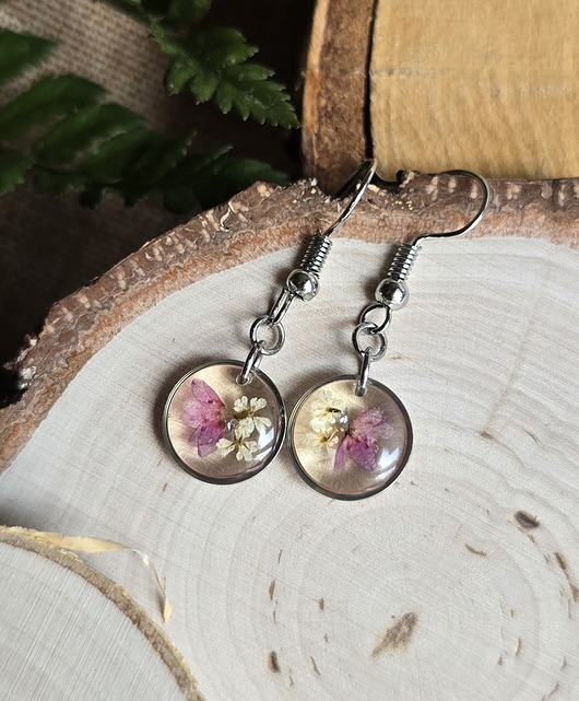 kolczyki z żywicy Kolczyki srebrne różowe prawdziwe kwiaty