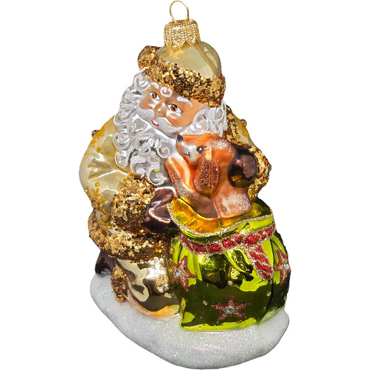 bombki Ręcznie malowana szklana bombka złoty Mikołaj z pieskiem w worku