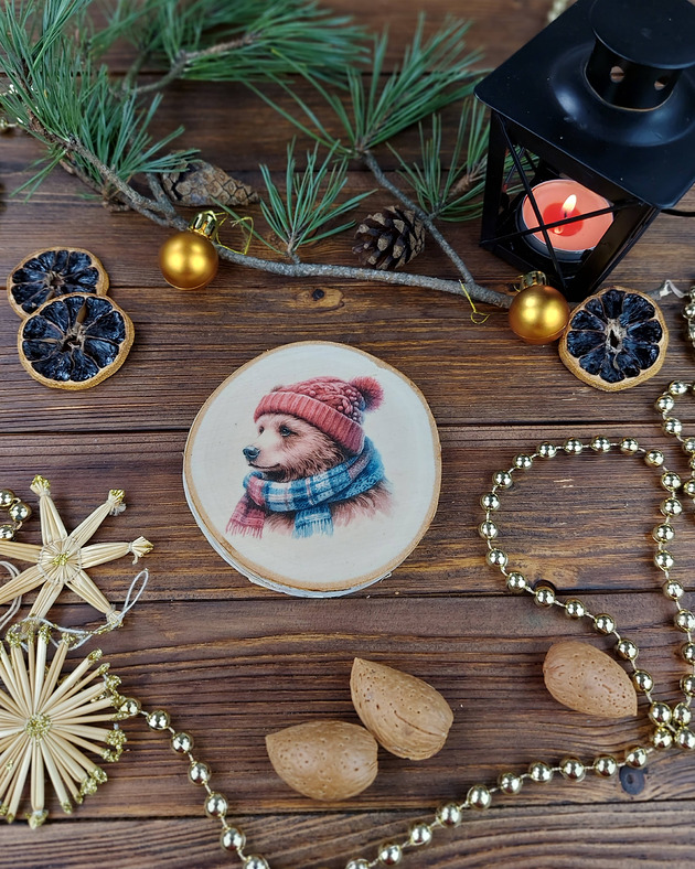 ozdoby choinkowe Brzozowa podkładka pod kubek, świąteczna zawieszka - niedźwiadek