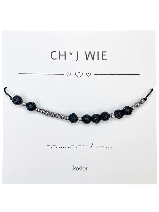 bransoletki na sznurku Bransoletka z alfabetem Morse Hematyt i Lawa wulkaniczna