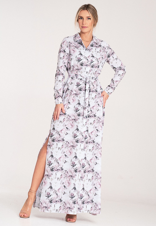 sukienki maxi damskie Elegancka sukienka koszulowa maxi z długim rękawem i guzikami - M1077