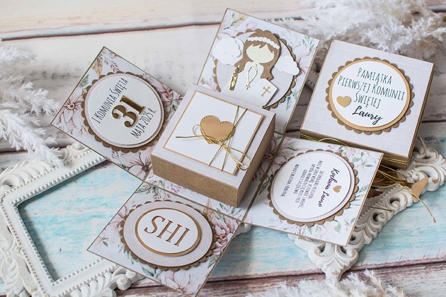 kartki scrapbooking Pamiątka Pierwszej Komunii Świętej, exploding box