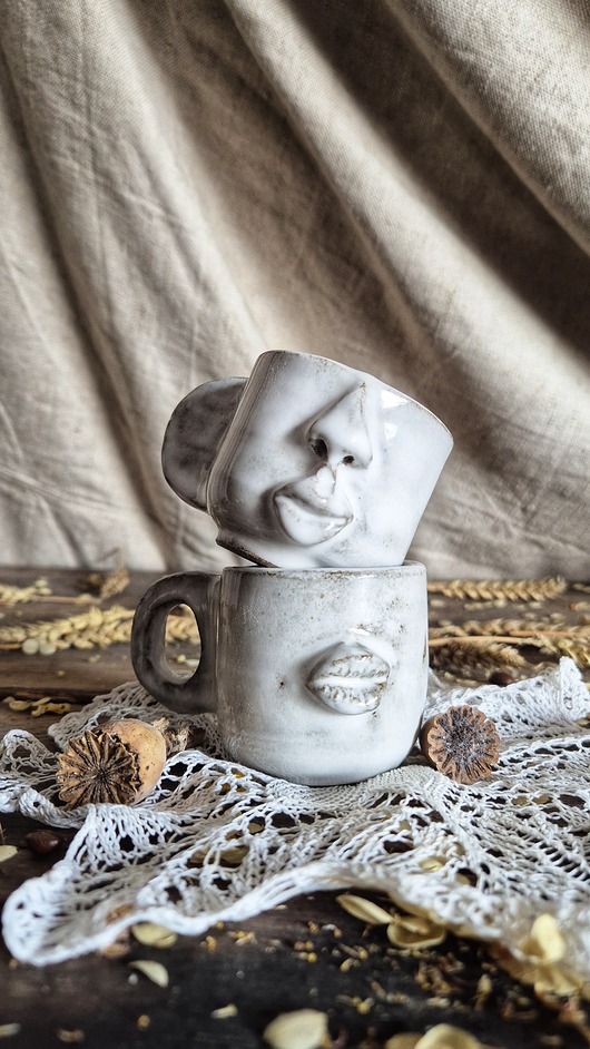 kubki Espresso twarz rzeźbiona, podwójne espresso, twarz, nos, usta kubek