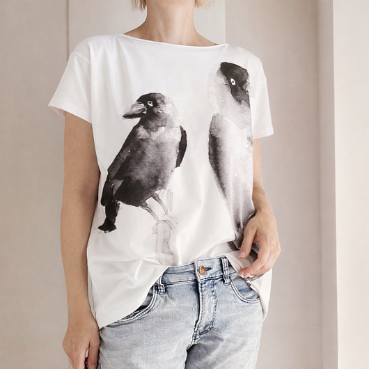 t-shirt damskie Kawki akwarele fullprint Biały Oversize
