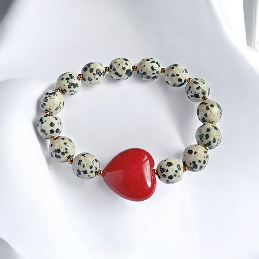 bransoletki z kamieni naturalnych Jaspis dalmatyński i serce : CZERWIEŃ : bransoletka na gumce