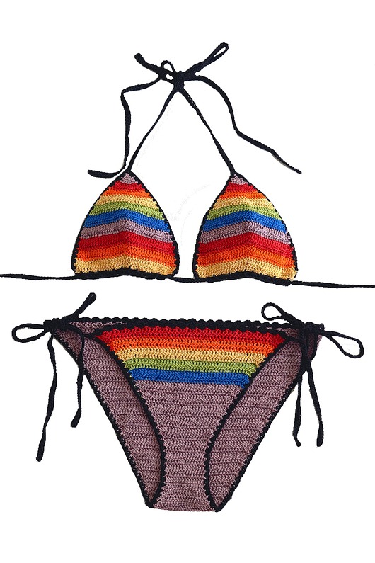 stroje kąpielowe i kostiumy kąpielowe damskie Bikini szydełkowe z niansem tęczowym