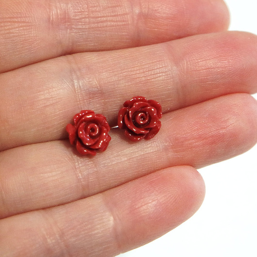 kolczyki - inne Kolczyki - Czerwona róża - koral, mini