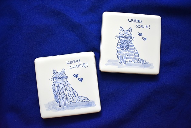 podkładki do kuchni Kafle ręcznie malowane- podkładki ceramiczne koty