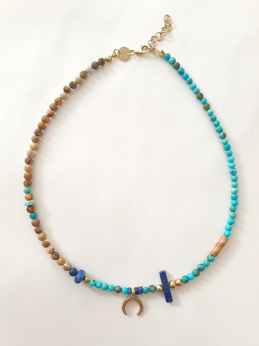 chokery Naszyjnik choker HATHOR  lunula, turkus, lapis lazuli, jaspis obrazkowy