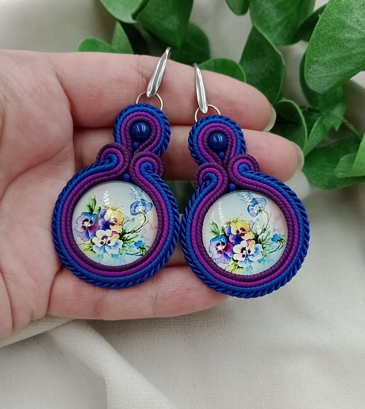 kolczyki soutache Kolczyki bratki, kolczyki kwiaty, kolczyki z bratkami
