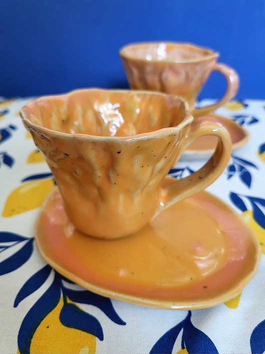 filiżanki Zestaw dwóch ceramicznych  filiżanek z talerzykami polskie rękodzieło