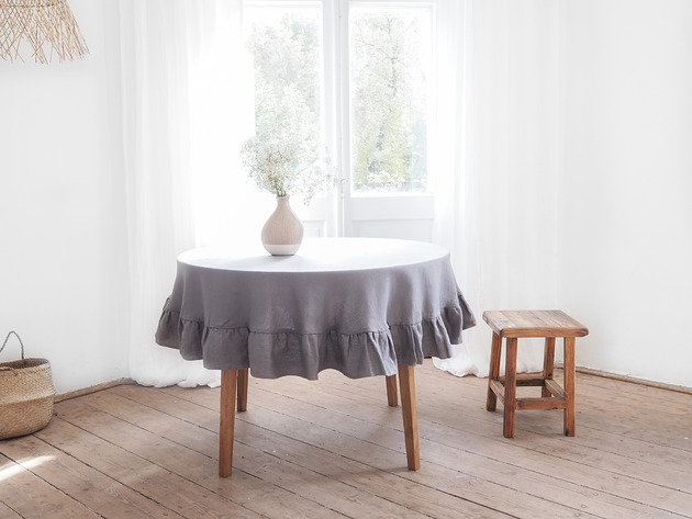 obrusy i serwetki Obrus okrągły z falbanką heavy linen TRUE GRAY