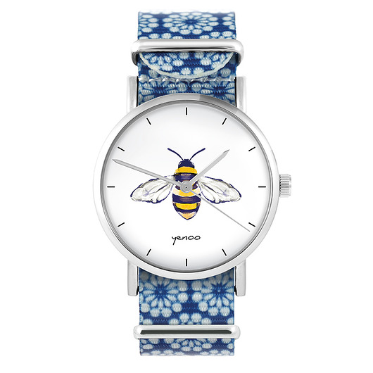 zegarki damskie Zegarek - Pszczoła - niebieski, kwiaty, nato
