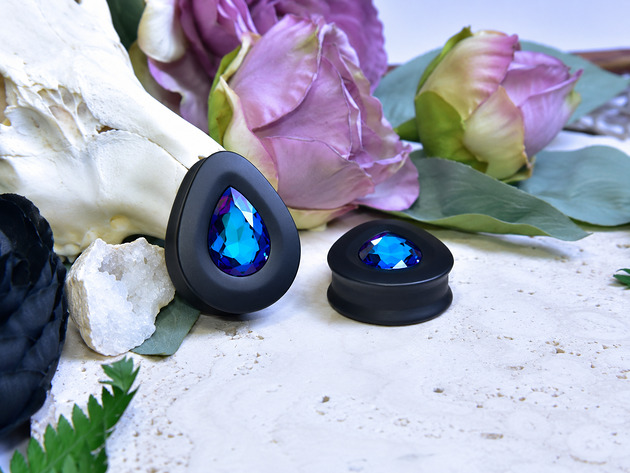 biżuteria różna Tunele do uszu łezki 10-100mm ze szklanym kryształkiem #032 bermuda blue