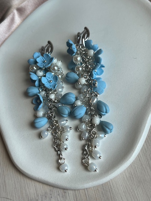 kolczyki z masy plastycznej Kolczyki Niezapominajka kiść handmade