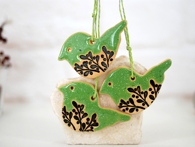 3 Ceramiczne ptaszki - ozdoby choinkowe - limonka 10FingersArt