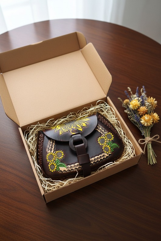 torby na ramię Torebka skórzana ręcznie robiona Ramona z grubej skóry słoneczniki