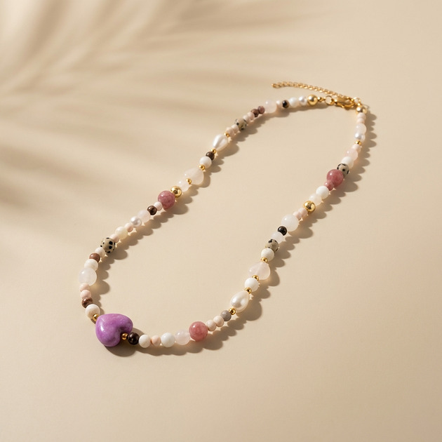 złote naszyjniki Naszyjnik z rodonitem, kryształem górskim, jaspisem i ceramiki