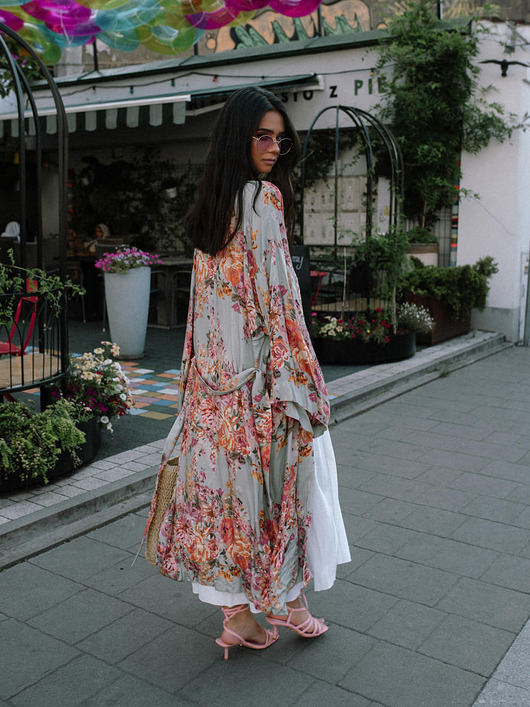 bluzki kimonowe damskie Kimono Flower Turkus LONG