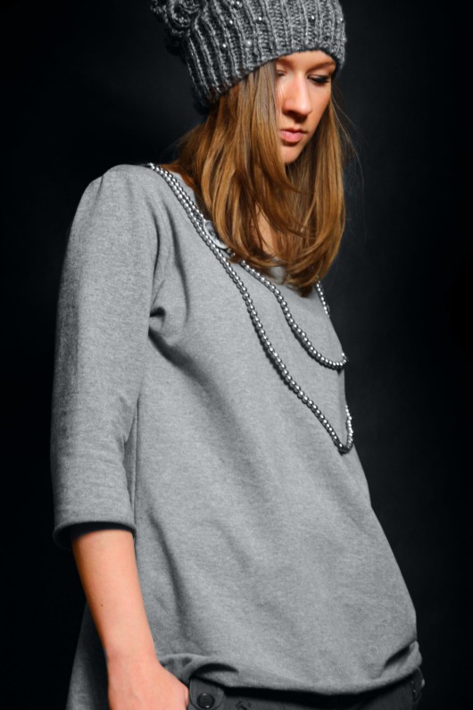 BLUZA SZARA SZNUR PEREŁ - handmade - oversize Pudrowy Różowy