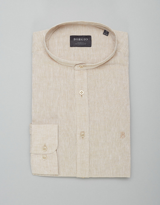 koszule męskie Koszula męska lniana ze stójką lentini 00392 beżowy slim fit