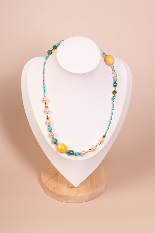 naszyjniki - inne Naszyjnik perły, bursztyn i amazonit