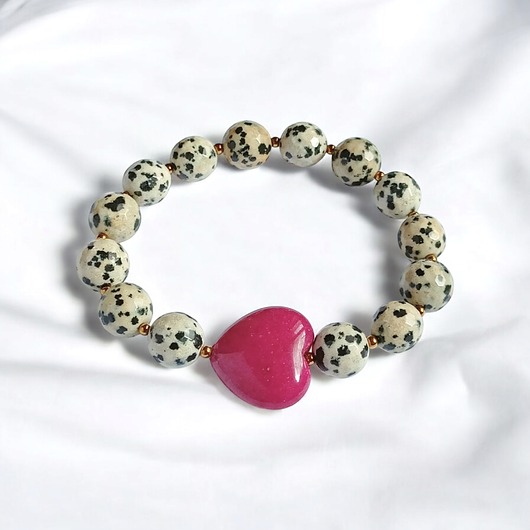 bransoletki z kamieni naturalnych Jaspis dalmatyński i serce : FUKSJA : bransoletka na gumce