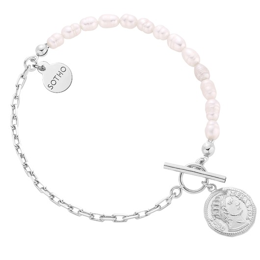 bransoletki złote Srebrna bransoletka z pereł naturalnych zdobiona monetą