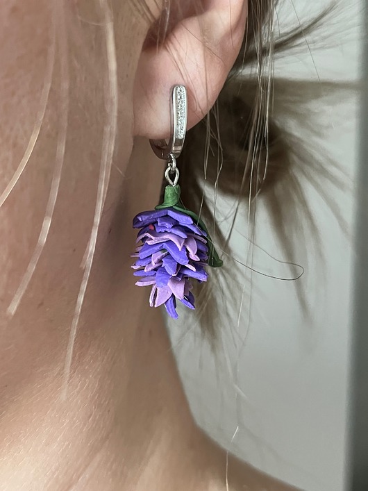 kolczyki z masy plastycznej Kolczyki fioletowe sukulenty, biżuterialawenda, realistyczne kwiaty z glinki