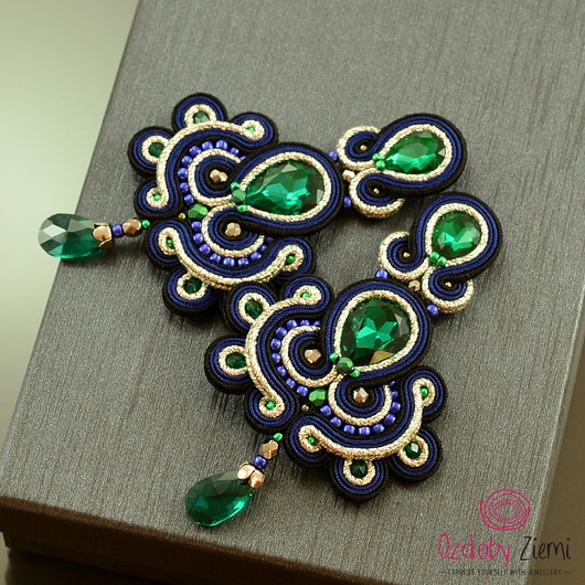kolczyki soutache Zielono srebrne kolczyki sutasz soutache