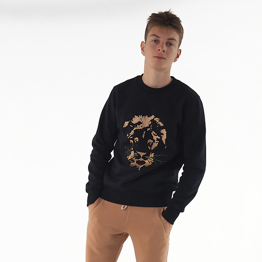 bluzy męskie Czarna bluza męska crew-neck z haftem lwa