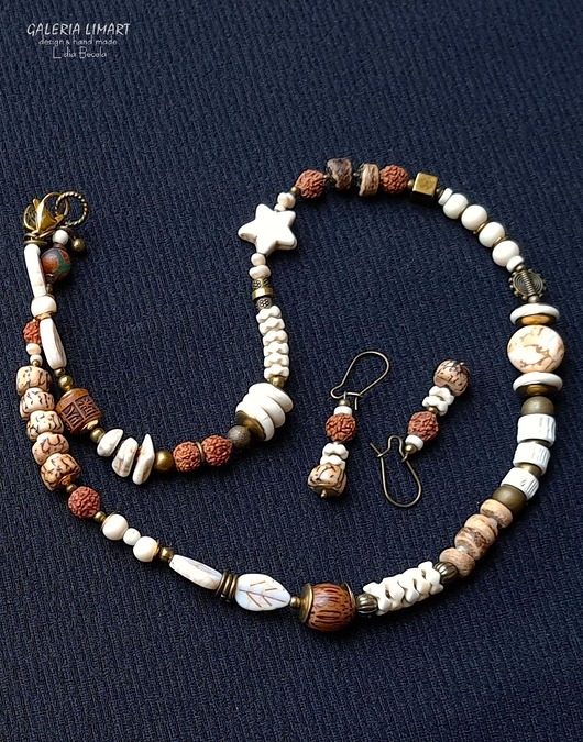 korale Naszyjnik i kolczyki w stylu ETNO w odcieniach beżu i brązu UNIKAT handmade