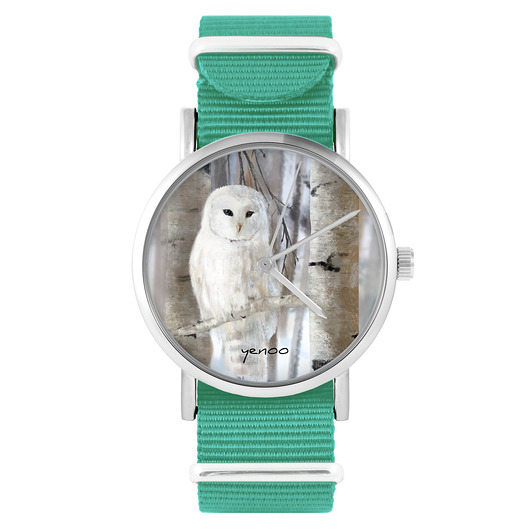 zegarki unisex Zegarek - Biała sowa - turkusowy, nylonowy