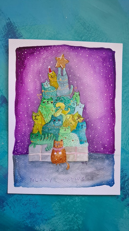 grafiki i ilustracje Akwarela Kocia choinka