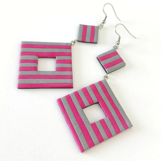 kolczyki z masy plastycznej Różowe Szare Geometryczne Kolczyki w Paski