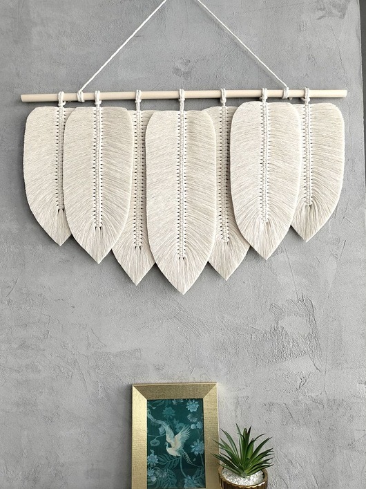 makramy Makrama Liście XL Kremowa Ecru Ozdoba Ścienna Boho Scandi 70 cm